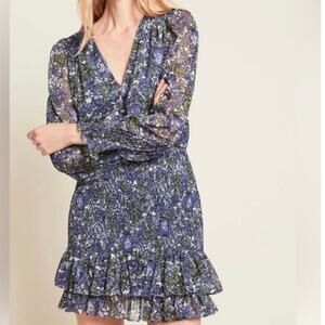 Veronica Beard NWOT Saera Blue Multi Floral Smocked Crepe Mini Dress Size 0